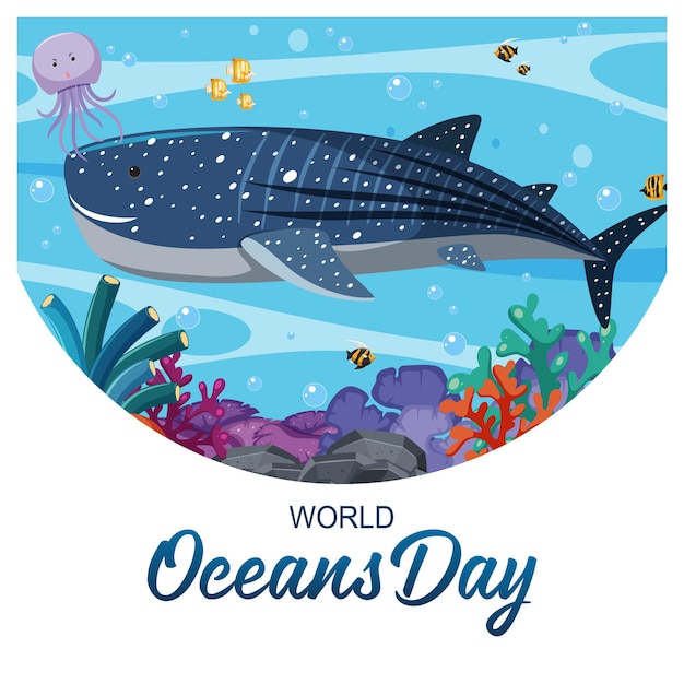 大きなクジラや他の海の動物が描かれた世界海洋デーのバナー