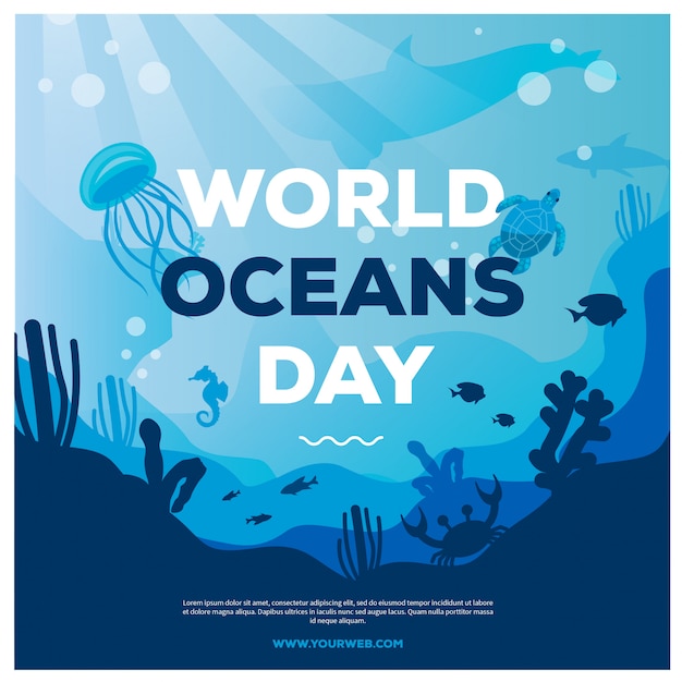 World ocean day banner with big whale and stars shrimps jelly fish ...