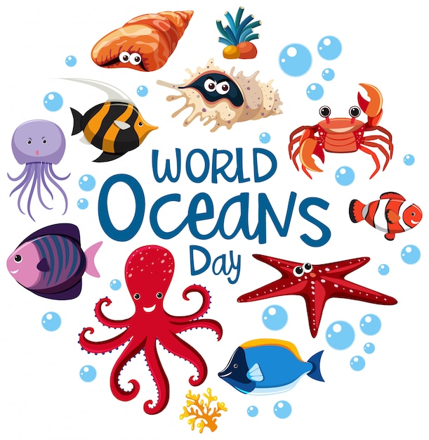 Premium Vector World Oceans Day Logo Or Banner With Different Sea Animals