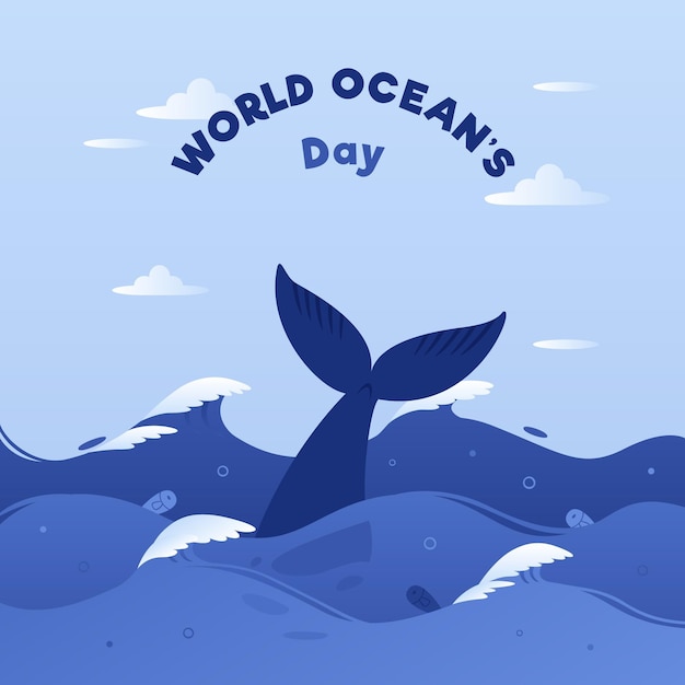 Premium Vector World Oceans Day With Whale Tale And Waves