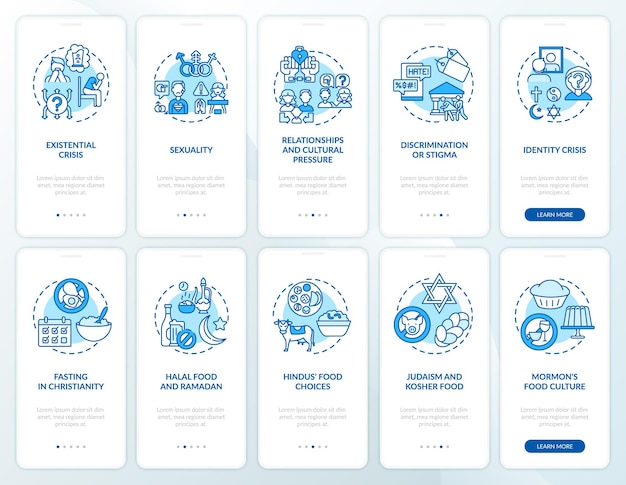 Premium Vector World Religions Blue Onboarding Mobile App Page Screen Concepts Set Food And Fasting Religious Issues Walkthrough 5 Steps Graphic Instructions Ui Template With Rgb Color Illustrations