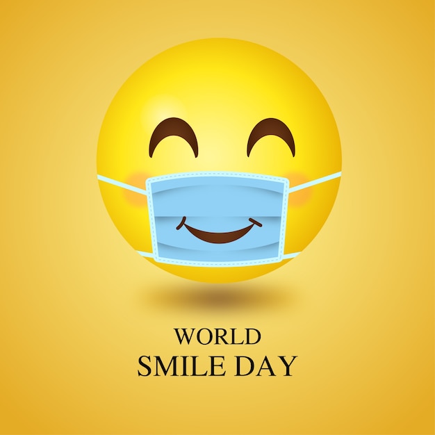 世界の笑顔の日絵文字 医療用マスクを着用 プレミアムベクター