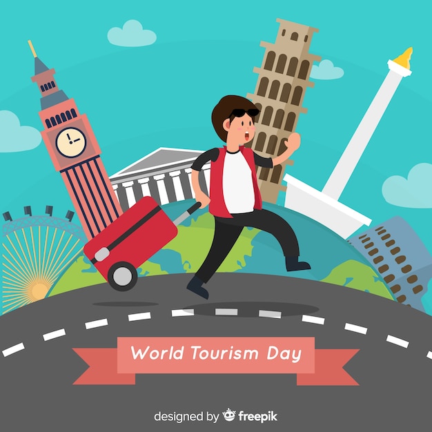 World tourism day background with world and\
monuments