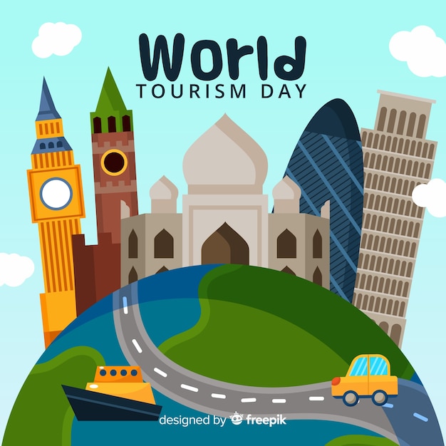 World tourism day background with world and\
monuments