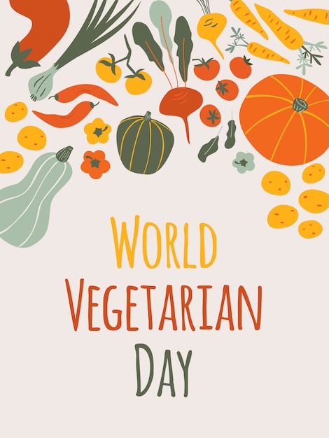 World vegetarian day vertical card on light background with autumn vegetables composition Premium Vector