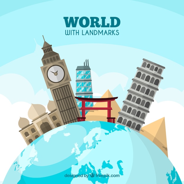 World with landmarks in flat style