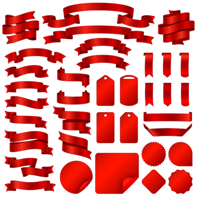 Wrapping red ribbon banners and price tag badges vector set. Premium Vector