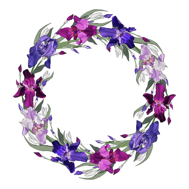 Premium Vector | Wreath of colorful flowers irises and green leaves on ...