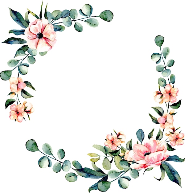 Download Wreath frame pink flowers and eucalyptus branches Vector ...