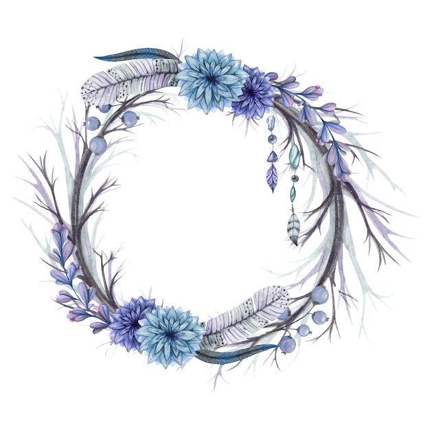 Download Wreath from branches and feathers, blue flowers and a ...