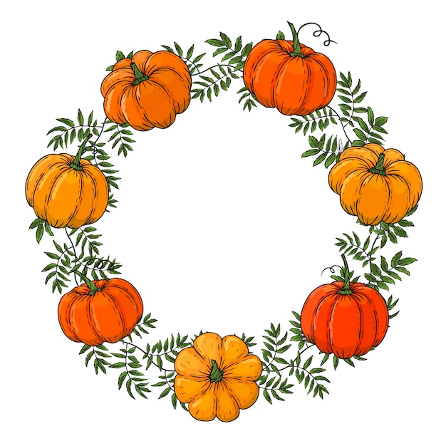 Premium Vector | Wreath is made from color pumpkins. hand draw autumn ...