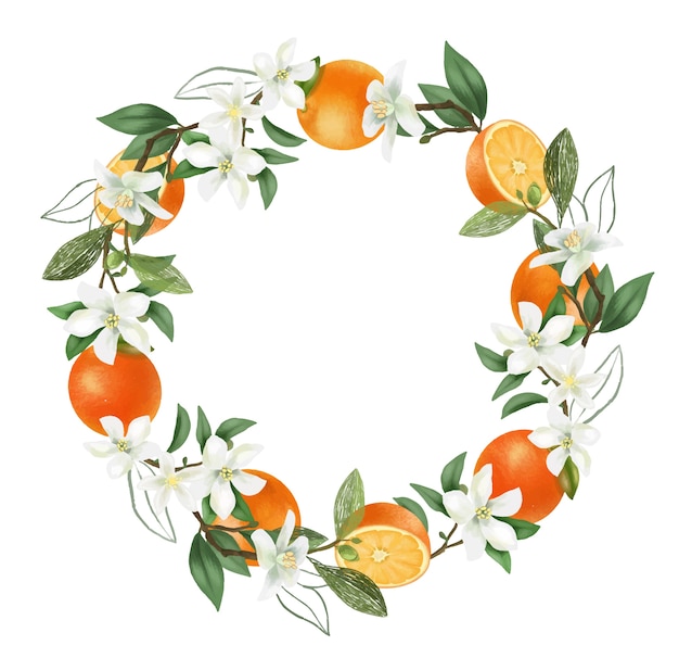 手描きの咲くオレンジの木の枝 オレンジ色の花とオレンジの花輪 プレミアムベクター