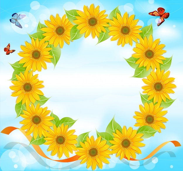 Download Wreath of sunflowers with butterflies on a background of ...