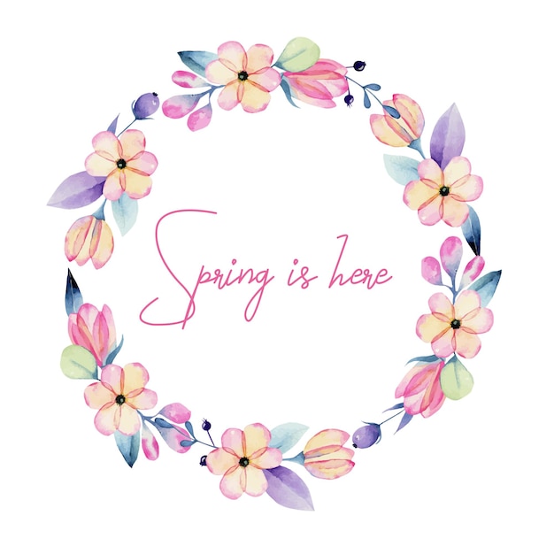 Premium Vector | Wreath of watercolor pink and purple spring pastel flowers