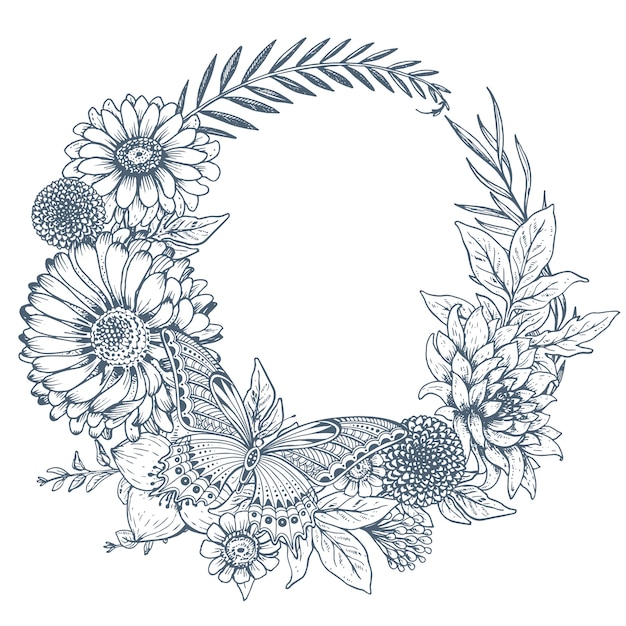 スケッチスタイルで手描きの花 葉 枝 蝶と花輪 モノクロイラスト プレミアムベクター
