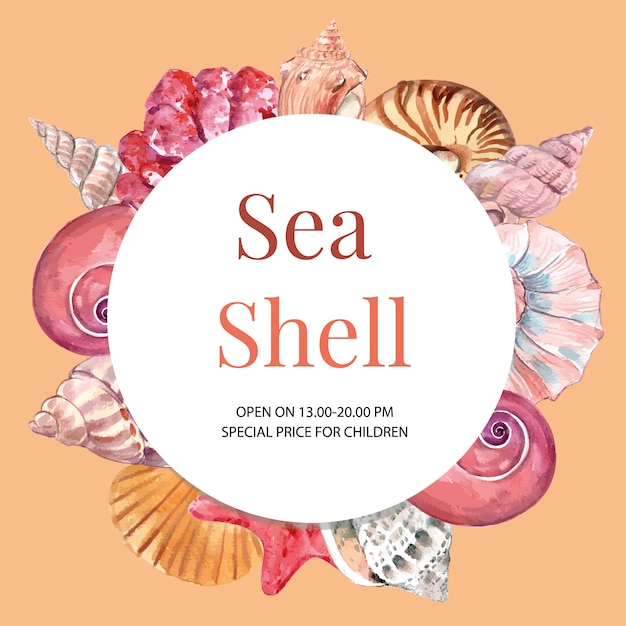 Wreath with shells frame concept, watercolor element illustration template Free Vector