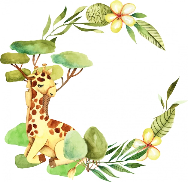 Download Wreath with watercolor cute giraffe | Premium Vector