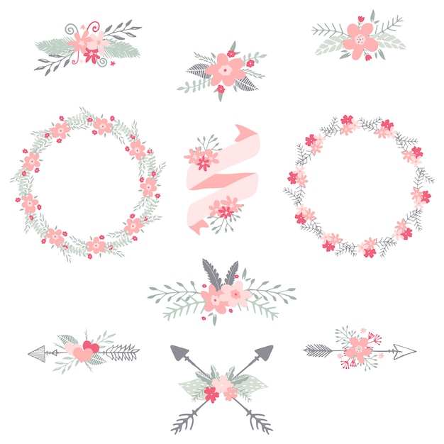 プレミアムベクター 花輪 リボン 花 手描きのイラスト 結婚式の招待状とカードの装飾的な要素