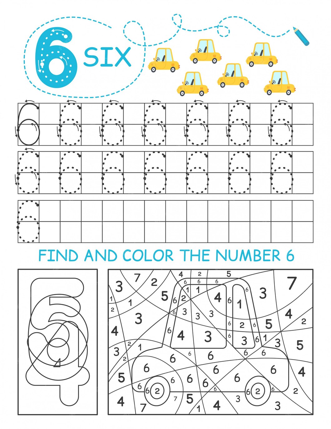 Premium Vector | Write numbers 6. six tracing worksheet with cars for ...