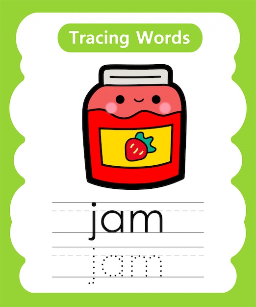 Writing practice words: alphabet tracing j - jam | Premium Vector