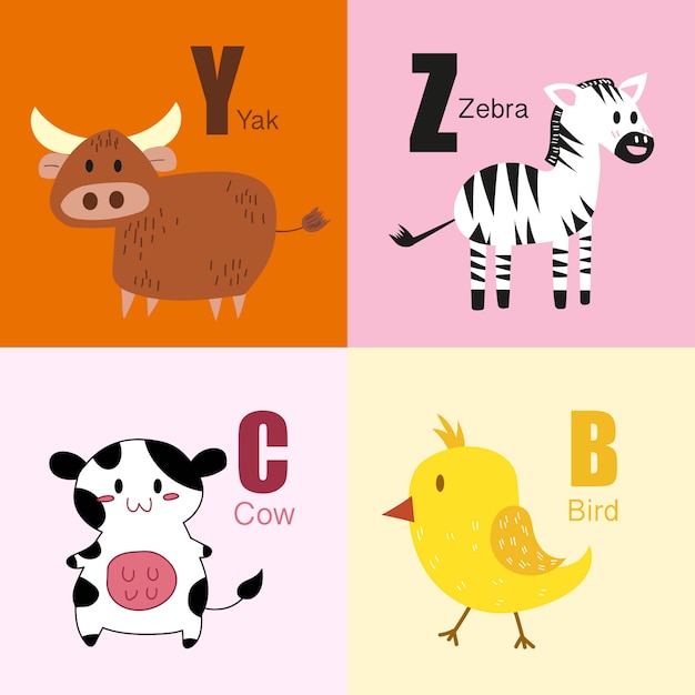 Y Z C B動物のアルファベットイラスト集 プレミアムベクター