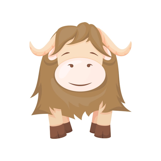 ヤク漫画動物キャラクター農場雄牛ベクトルイラスト 茶色の牛かわいい牛 角のある動物園の野生哺乳類 プレミアムベクター