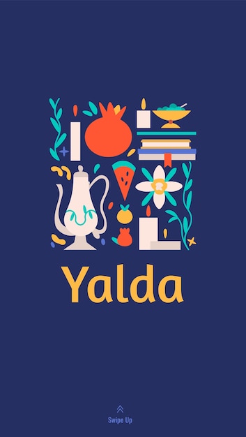 Yalda social media story template with symbols of the holiday - watermelon, pomegranate, nuts, candl