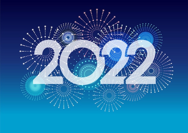 Il logo dell'anno 2022 e i fuochi d'artificio su uno sfondo blu