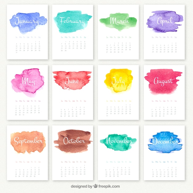 Twelve white rectangles each with brightly-colored watercolor stains, one for each month.