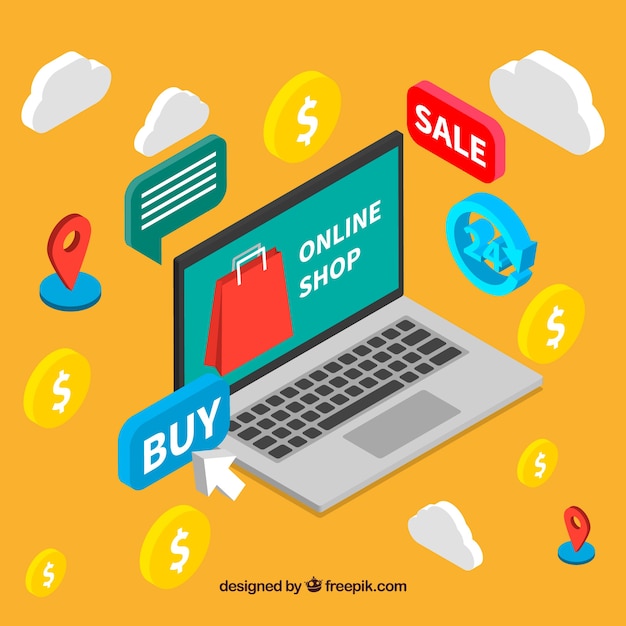 Free Vector | Yellow background with isometric elements of online shopping