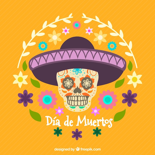 Yellow background with skull and mexican\
hat
