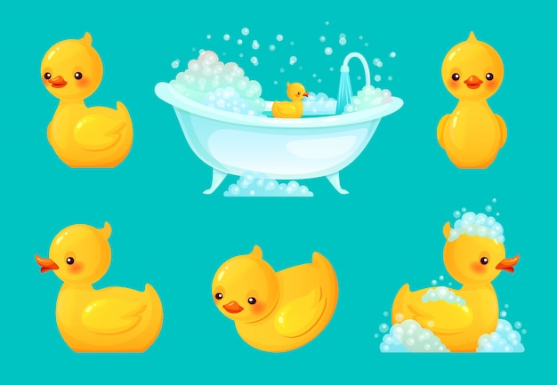 黄色のお風呂のアヒル 泡 リラックスできる入浴 スパゴム製アヒル漫画イラスト付きの浴槽 プレミアムベクター