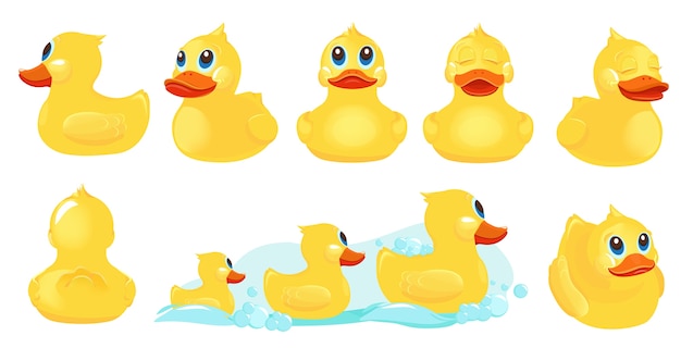 黄色のお風呂のアヒル アヒルのかわいいキャラクターと子供シャワールームゲームのゴム製水のおもちゃ 黄色のお風呂のアヒル 水の動物のおもちゃイラスト プレミアムベクター