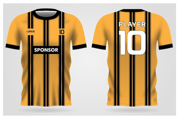 黄色の黒のストライプのサッカークラブのユニフォーム Tシャツの前面と背面のビュー プレミアムベクター