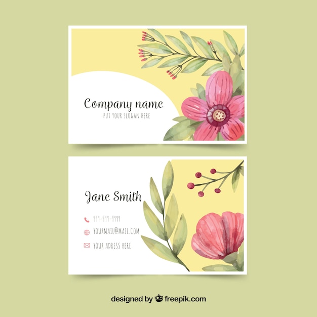 Yellow business card with pink flower