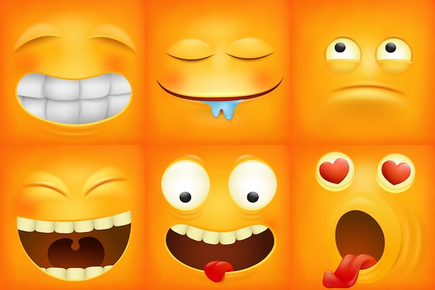 Yellow cartoon emoticon square icons set. Premium Vector