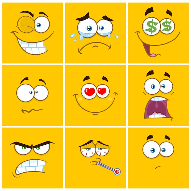 Yellow cartoon square emoticons with expression set Premium Vector