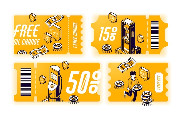 無料のオイル交換用の黄色いクーポン ギフト付きのバウチャー または車のサービスの割引 ガソリンスタンドの等角図と証明書のセット 車両メンテナンスのオファー付きチケット 無料のベクター