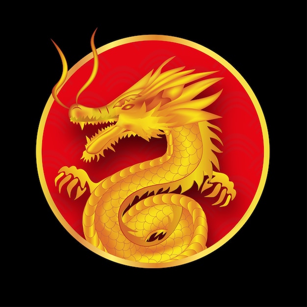 Premium Vector Yellow Dragon In The Red Circle Isolated On Black