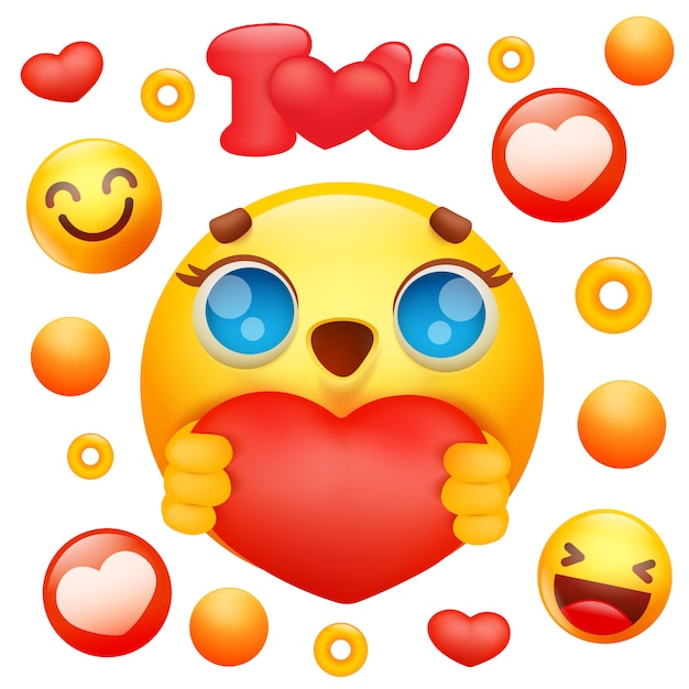赤いハートのアイコンを保持している黄色の絵文字3 D笑顔の顔漫画のキャラクター プレミアムベクター