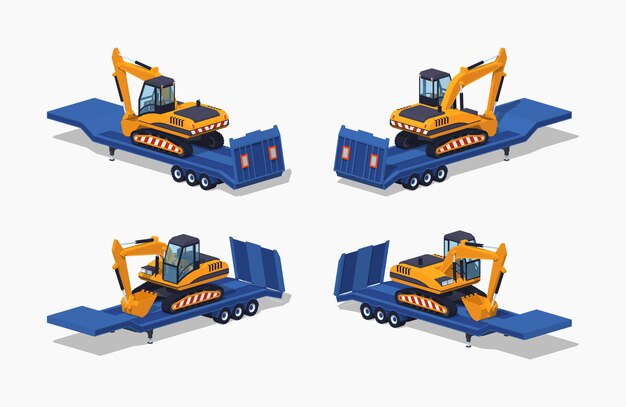 Premium Vector Yellow Excavator On The Blue Low Bed Trailer