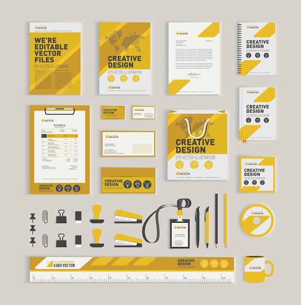 Yellow geometric corporate identity design template Premium Vector