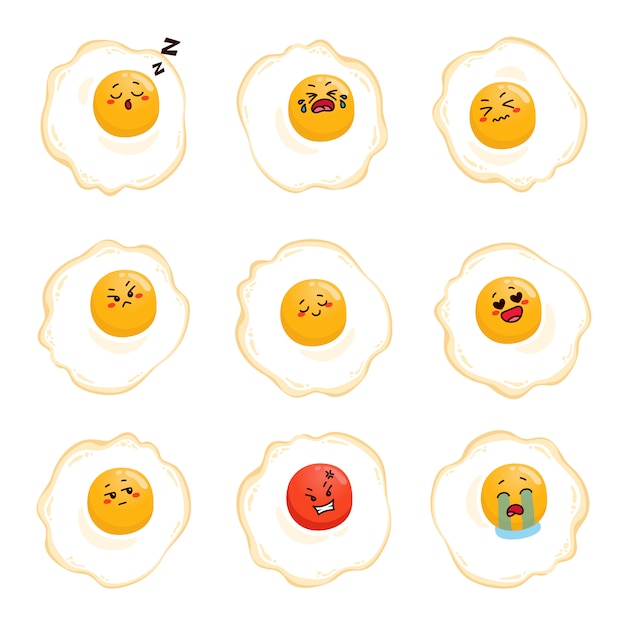 黄色の金の卵のオムレツキャラクターセットバンドル漫画似顔絵絵文字式 プレミアムベクター