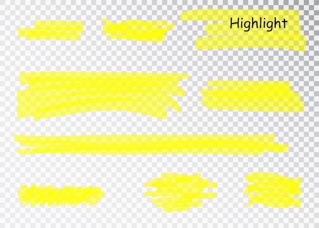 黄色の蛍光ペンマーカーストローク 筆ペンの下線 黄色の水彩手描きハイライトセット プレミアムベクター