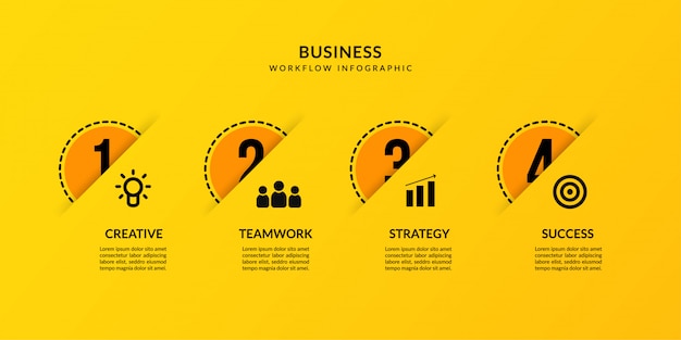 Yellow infographic with four optional, outline data communication for business report Premium Vector