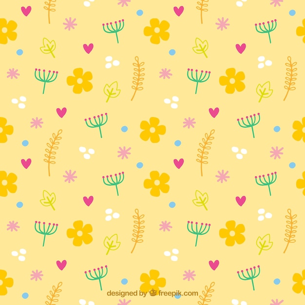 Yellow pattern of flowers and hearts