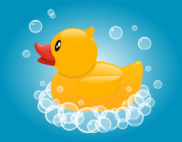 Premium Vector Yellow Rubber Duck In Soap Foam Baby Bathing Toy