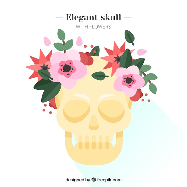 Yellow skull with floral elements in flat\
design