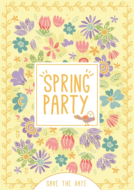 Yellow spring party flyer with hand drawn\
flowers