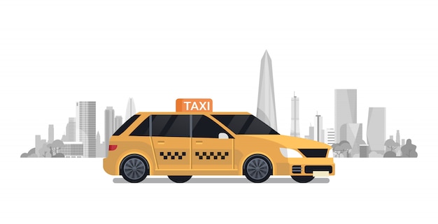 シルエット街背景に黄色のタクシー車のタクシー プレミアムベクター